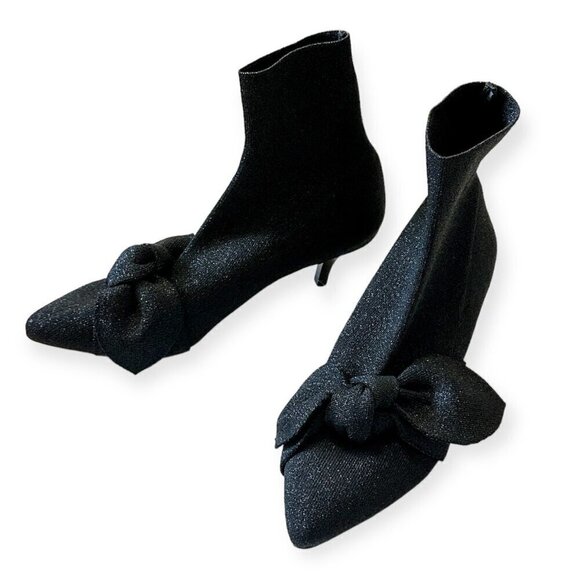 Loeffler Randall Kassidy Stretch Bow Booties,‎ Black/Metallic Knit, 8.5B, New - Picture 1 of 14
